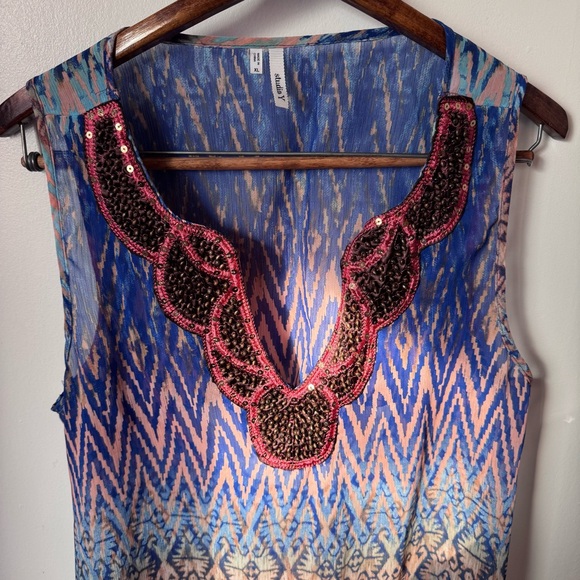 Studio Y Women Tank Size XL Blue Beaded Cut V-Neck Boho Keyhole Back Top Sheer - Picture 12 of 14